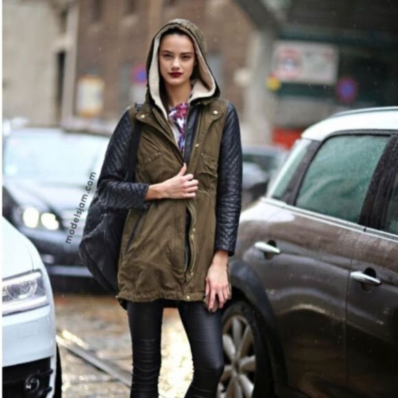 Zara women olive green winter jacket with faux leather quilted small sleeves - Picture 8 of 9